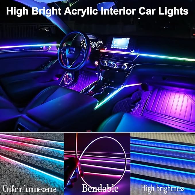 Interior Car LED Strip Lights,Acrylic LED Lights for Car with Dynamic Dreamcolor Chasing,175 inches 6 in 1 RGB Neon Strip Fiber Optic Ambient Lighting Kits with Remote APP, for Inside car Decorations