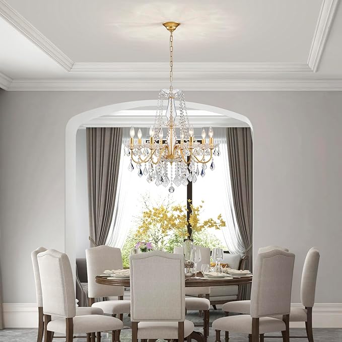 Gold Crystal Chandelier, 8-Light Crystal Chandeliers for Dining Room Light Fixture, Crystal Pendant Ceiling Light Modern Gold Lighting Fixture for Living Room Hallway Foyer Bedroom Kitchen Bathroom