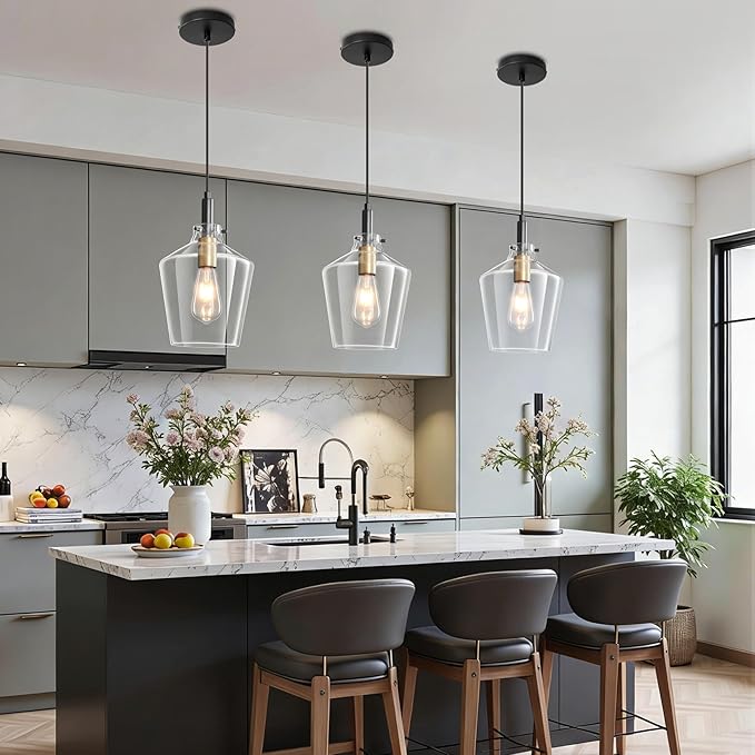 Modern Glass Pendant Light for Kitchen Island 3 Pack, Farmhouse Black and Gold Pendant Light Fixtures, Adjustable Hanging Ceiling Light, Angled Clear Glass Shades 8 Inch