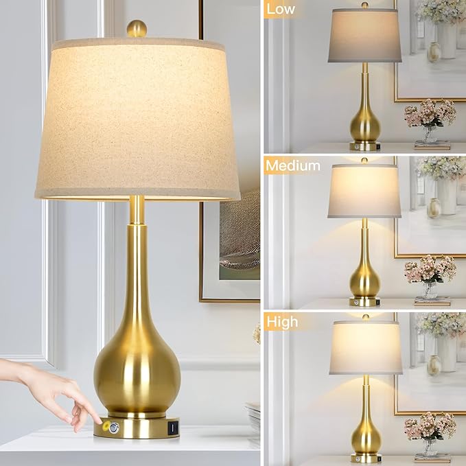 Rinweey 26" Gold Lamps Set of 2 for Living Room, Touch Control Table Lamps for Bedroom, 3-Way Dimmable Bedside Lamps for Nightstand with with USB A+C Ports (2 LED Bulbs Included)