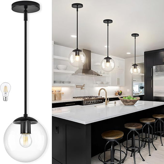 Bagood 8 Inch Black Mid Century Pendant Light Globe Clear Glass Fixture Lights Kitchen Island Globe Pendant Light Mid Century Adjustable Hanging Farmhouse Lights Fixtures for Kitchen Island