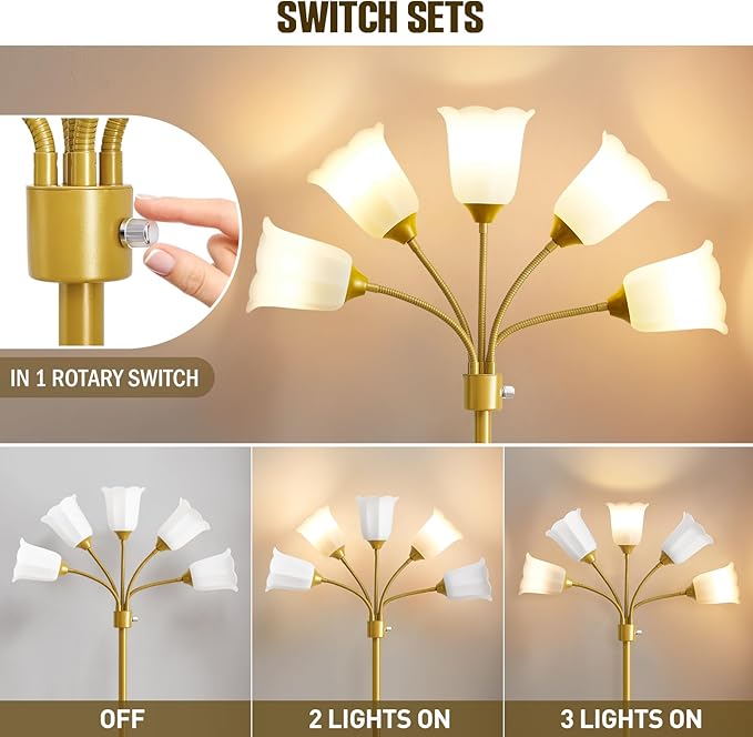 GyroVu Medusa Floor Lamp, Multi Head Modern Tall Lamp with Adjustable Gooseneck Standing Gold Lamps for Living Room Kids Room&Bedroom-5 White Lampshades-Bulb Not Included