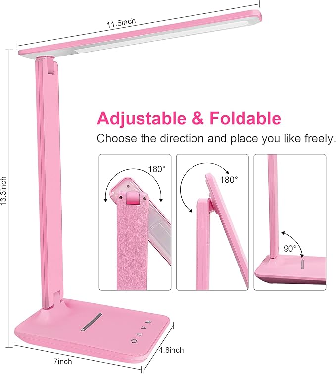 shinelife LED Desk Lamp for Office Home, Bright Desk Light with USB Charging Port, Adjustable Dimmable Desk Lamps 5 Modes 5 Brightness, Touch Study Lamp for Nail, Craft, Puzzle, Sewing, Study, Pink