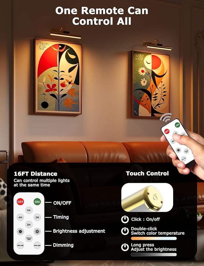 13" Aluminum Wireless Picture Lights for Wall, 5000mAh Rechargeable Battery Operated Wall Art Lighting, Dimmable 3-Color Gallery Painting Light for Pictures On Wall, with Remote/Timer [Gold, 1Pack]