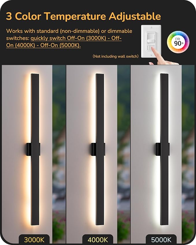 EDISHINE 47.2" LED Outdoor Wall Lights, 3CCT & 10%-100% Dimmable, IP65 Waterproof, Modern Exterior Lighting Fixtures, Linear Long Exterior Wall Light for House, Yard, 2 Pack, Black