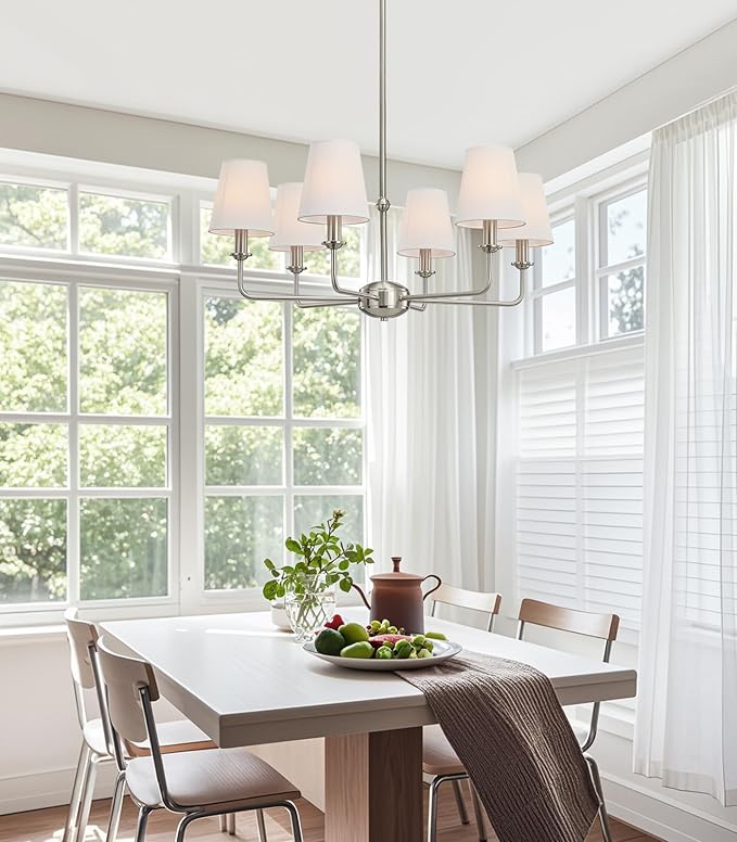 6-Light Brushed Nickel Chandelier with White Fabric Shades, E12 Base Modern Farmhouse Ceiling Light Fixture for Dining Room, Living Room, Bedroom, Kitchen, Foyer, Adjustable Hanging Rod.