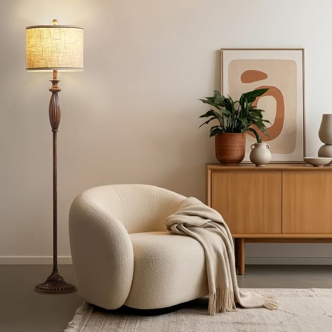 63.8" Vintage Floor Lamp with Rotary Switch, Dimmable Color Temperature Standing Lamp, Retro Farmhouse Floor Lamps for Living Room, Bedroom, Hallway, Office, Room Decor, Dark Wood Grain, Bulb Included