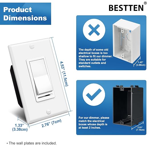 BESTTEN 6 Pack Dimmer Light Switch, Single-Pole or 3-Way Slide, Compatible with 150W Dimmable LED/CFL & 600W Incandescent Bulbs, Wall Plate Included, UL Listed, White