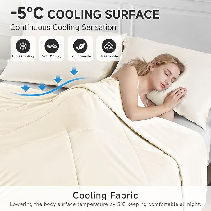 HOMFINE Cooling Comforter for Hot Sleepers - Both Sides Q-Max>0.45 Arc-Chill Cooling Fiber for All-Season, Breathable Soft Keep Cool Summer Blanket for Bed Couch Sofa, Beige, Twin