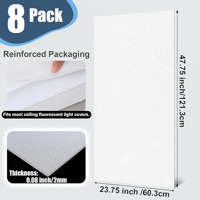 Pushglossy 8 Pack 23.75" x 47.75" x 0.08" Frosted Fluorescent Light Diffuser Panels, Translucent Polystyrene Sheet Replacement for 2x4ft Drop Ceiling Lights for Classroom Office Home