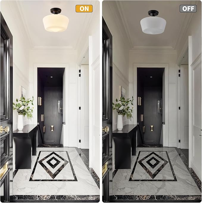 youngrender Semi Flush Mount Ceiling Light, Black Schoolhouse Milk Glass Light Fixture, Vintage Farmhouse Ceiling Light for Kitchen Hallway Entryway Bedroom Dining Room, E26