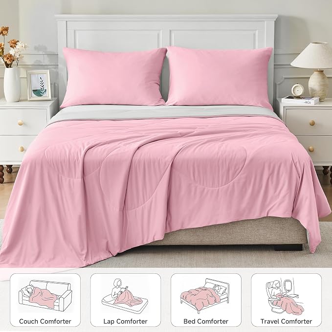 HOMFINE Cooling Comforter Japanese Double-Sided Cold Tech Fabric Cooling Blanket for Night Sweats Hot Sleepers, Q-Max 0.45 Soft Breathable Silk Smooth Lightweight Pink Summer Comforter Twin