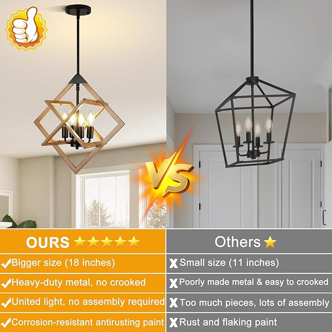 Modern Chandelier for Dining Room (18",4-Light), No Assembly Required Wood Grain Dining Room Light Fixture Over Table, Industrial Hanging Pendant Lights Fixture for Kitchen Island, Entryway, Foyer