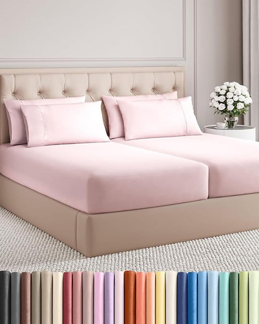 Split King 7 Piece Sheet Set - Comfy Breathable & Cooling - Soft Hotel Luxury Bedding Set w/ 8-16 Inch Deep Pockets - 1 Flat & 2 Fitted Sheet & 4 Pillowcases - Wrinkle Free & Easy Care - Lavender Pink