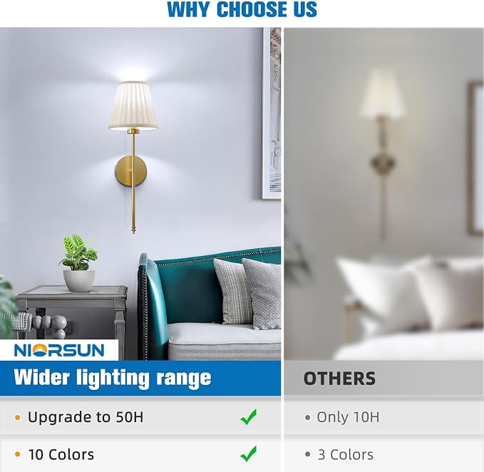 NIORSUN 19.9 inch Battery Operated Wall Sconce Set of 2,Beige Gold Rechargeable Wall Lights with 10400mAh Dimmable Bulbs and Remote, 9 Colors Wireless Wall Lamps for Bedroom Living Room Decor