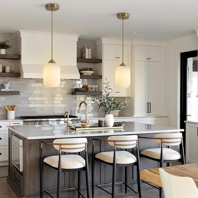 KCO Lighting Mid Century Modern White Oval Glass Gold Pendant Light Nordic 1-Light Brushed Brass Dining Pendant Lights Mini Globe Hanging Kitchen Island Lighting Fixtures