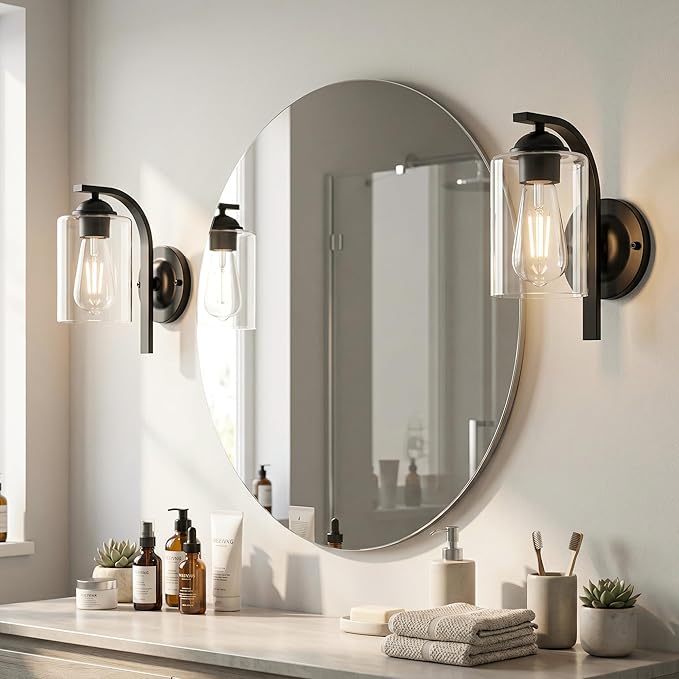 Wall Sconces Lights Lamp for Bedroom Bathroom, Modern Vanity Light Fixtures, Matte Black Farmhouse Wall Mount Lighting Lanterns with Clear Glass Shade for Living Room Mirror Hallway Kitchen