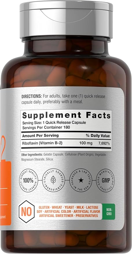Horbäach Vitamine B2 100 mg | 180 Capsules | Supplément de Riboflavine | Sans OGM et Sans Gluten
