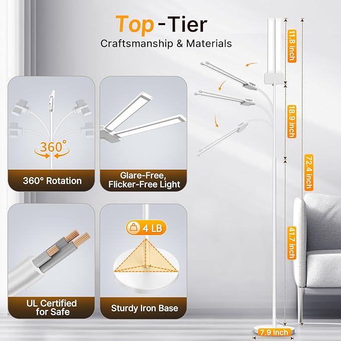 Syrinx LED Floor Lamp, 18W 2000LM Bright Reading Floor Lamp, Dual Head Gooseneck Standing Lamp, Smart Motion Sensor, Remote Control, Dimmable Brightness & Color Temp, for Living Room Bedroom Office