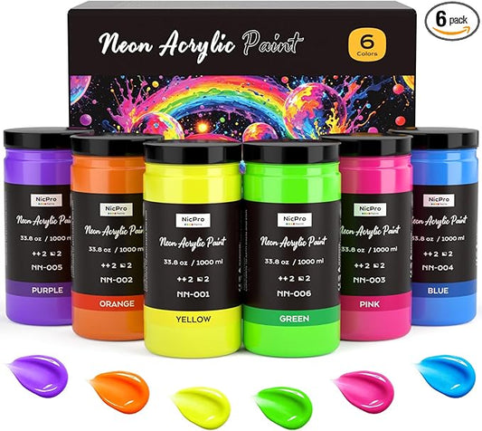Nicpro 6 Colors Large Fluorescent Acrylic Paint Set (33.8 oz), Glow in the Black Light, Non-Toxic & Vibrant Neon Paint for Neon Party Decoration, DIY Project on Multi-Surface, Canvas, Rock, Wood Craft