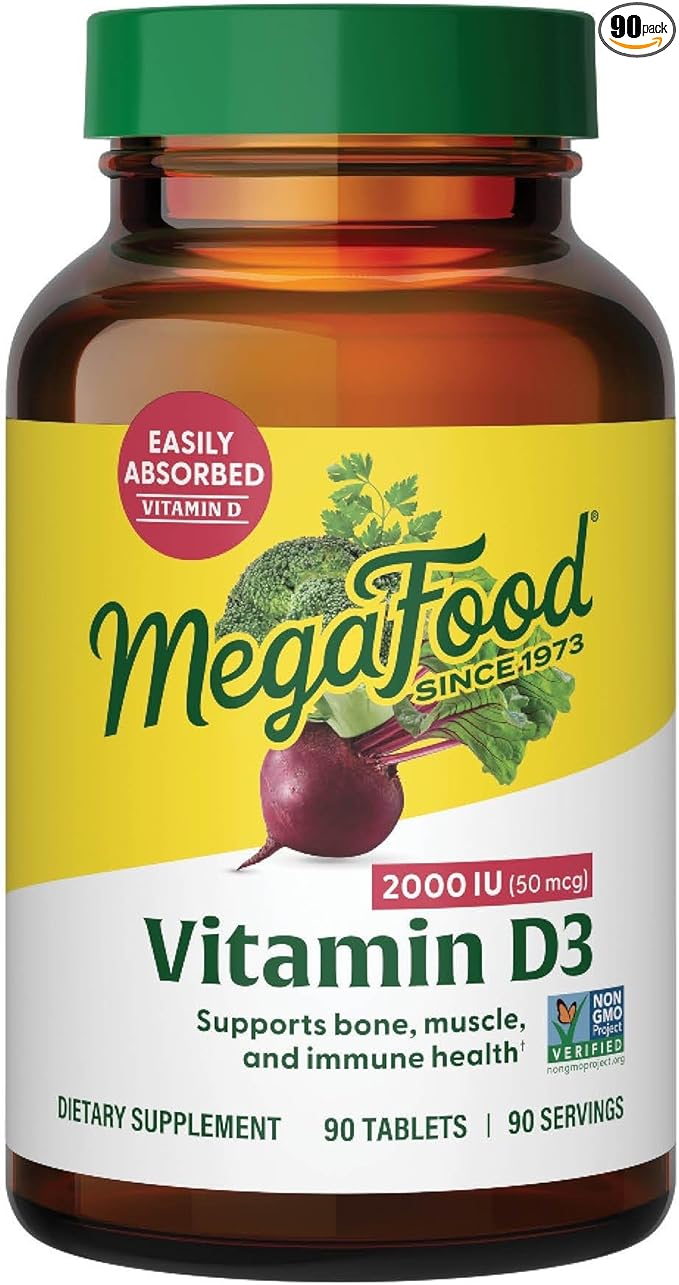 MegaFood Vitamine D3 2000 UI (50 µg) - Supplément de vitamine D à base d'aliments réels, Soutient le système immunitaire, les os, les dents et les muscles, Végétarien, Certifié sans OGM, Casher – 90 comprimés, 90 portions