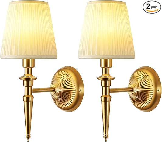 Battery Operated Wall Sconces Set of 2, Wireless Rechargeable Wall Lights with 12 RGB Colors and 3CCT Dimmable, Small Fabric LED Wall Lamps for Bedroom, Living Room, Hallway, Gold