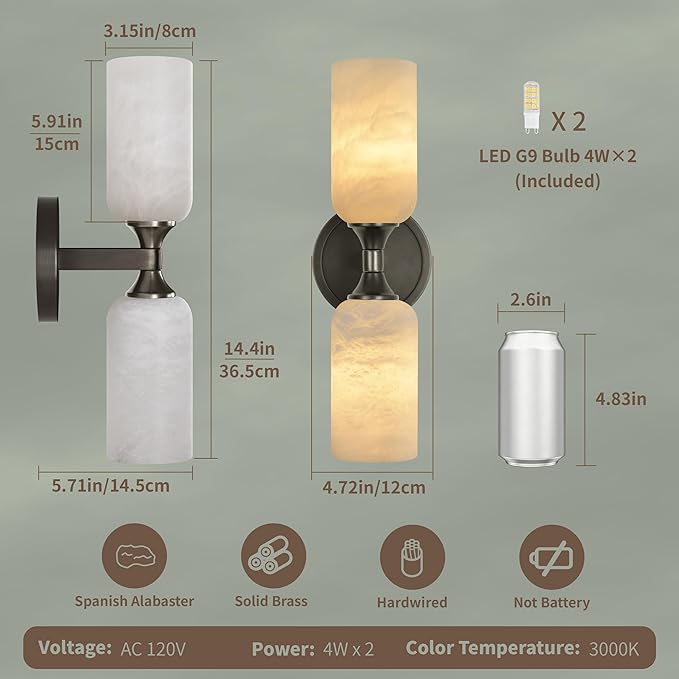 Alabaster Wall Sconce, Solid Brass Bronze Finish Sconce with Natural Spanish Alabaster, 14.4 in Bathroom Vanity Lights, Hardwired Wall Lamp for Bedroom Hallway Staircase, G9 LED Bulb