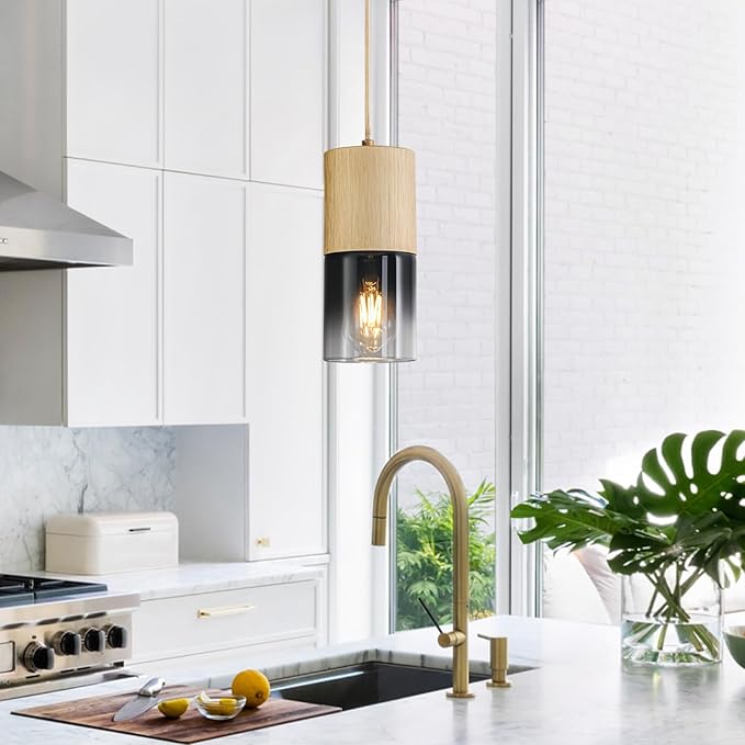 Gold Pendant Light Fixtures, Adjustable Modern Black Pendant Lights for Kitchen Island, Industrial Glass Pendant Lights for Dining Table Hallway Bedroom Living Room,1 Pack