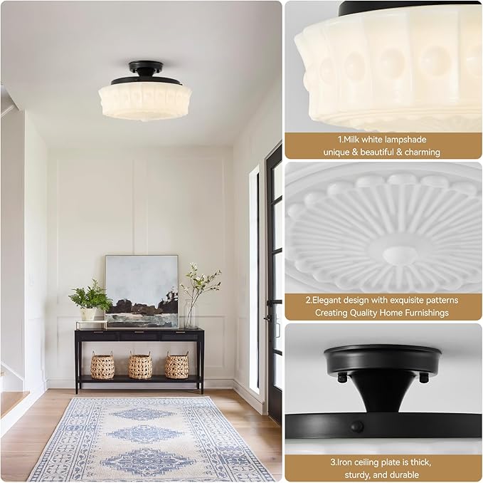 youngrender 14" Milk Glass Schoolhouse Light Fixture, Vintage Black Flush Mount Ceiling Light,Mid Century Schoolhouse Ceiling Light for Bedroom Kitchen Hallway Entryway Foyer