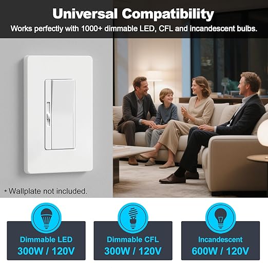 BESTTEN 6 Pack Super Slim Slide Dimmer Light Switch, Single Pole or 3 Way Dimmer Switches, Compatible with LED Dimmable Lamp, CFL, Incandescent, Halogen Bulb, ETL Listed, White