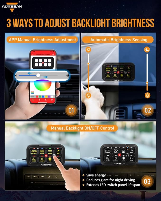 Auxbeam 8 Gang Switch Panel Bluetooth AR-800 RGB APP Control with Backlit Off Toggle Momentary Pulsed Auxiliary Switch Panel for Truck SUV ATV UTV RV Multifunction 12-24V Waterproof 3 Years Warranty