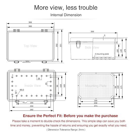 QILIPSU UL94-V0 Outdoor Electrical Box 11.8"x7.9"x6.7" Waterproof Junction Box Weatherproof PC/ABS Alloy Plastic IP66 Project Electric Enclosure Grey Hinged Door