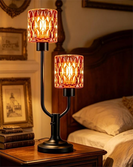 Lightdot Mid Century Modern Table Lamp Dimmable Nightstand Lamp Red Glass Vintage Black Desk Lamp 2 Bulbs Included Warmwhite Ambient Bedside Lamps for Living Room Bedroom Girls Room Home Office Decor