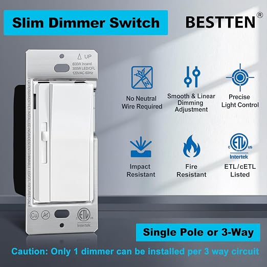 BESTTEN 24 Pack Super Slim Dimmer Light Switch for 300W Dimmable LED/CFL Lights and 600W Incandescent/Halogen, Single Pole/3-Way LED Slide Dimmer, ETL Listed, White