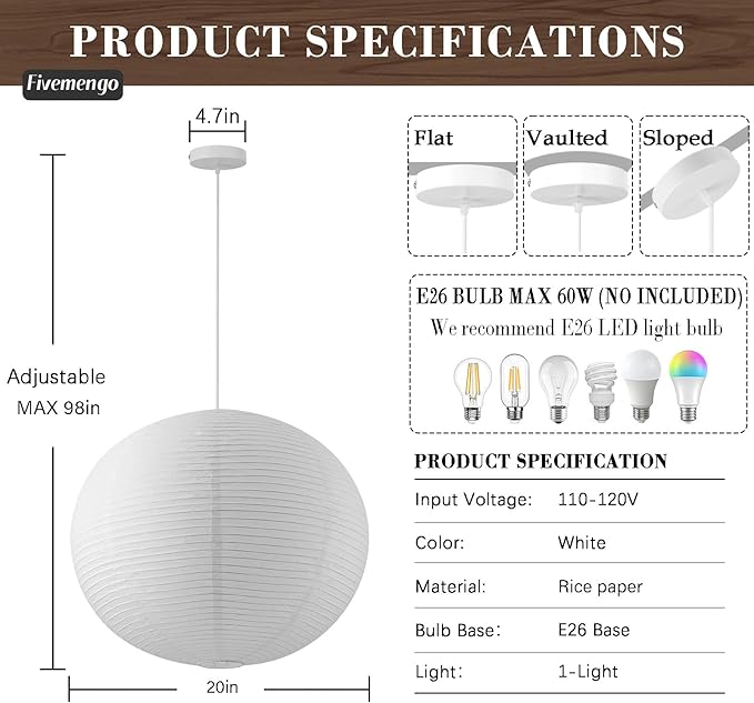 Large Rice Paper Pendant Light 2 Pack, 20in White Globe Paper Lantern Lights, E26 Base, Japanese Hanging Lantern Lamp Japandi Chandelier for Dining Room Bedroom Office Living Room