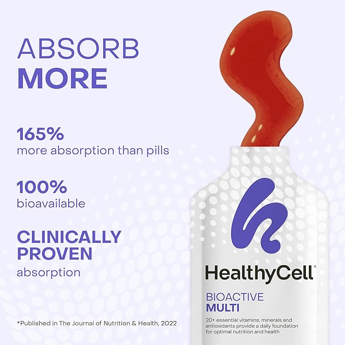 Healthycell Multivitamine liquide quotidienne bioactive pour hommes et femmes – Plus de 20 vitamines essentielles, minéraux et antioxydants pour le cerveau, le cœur, l'immunité, l'énergie, la peau et les cheveux – 30 sachets de gel
