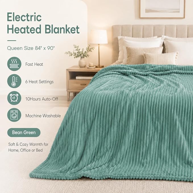 Electric Heated Blanket Queen Size 84"x90" with Cozy Flannel, 6 Heat Settings & 10 Hours Auto Off, Soft & Cozy Warming Throw for Home, Office, or Bed, Machine Washable, Bean Green