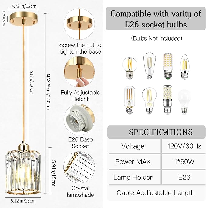 1 Pack Pendant Lights Kitchen Island, Elegant Modern Island Lights for Kitchen with Crystal Glass – Luxury Kitchen Hanging Light for Kitchen Island, Dining Table, Entryway, Restaurant