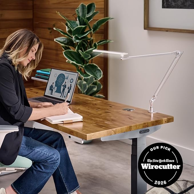 UPLIFT DESK E7 LED Desk Lamp - Adjustable 3 Color Modes, Dimmable Home Office Desk Light for Standing Desk, Dual Monitors, Aluminum Task Lamp (Silver Base)