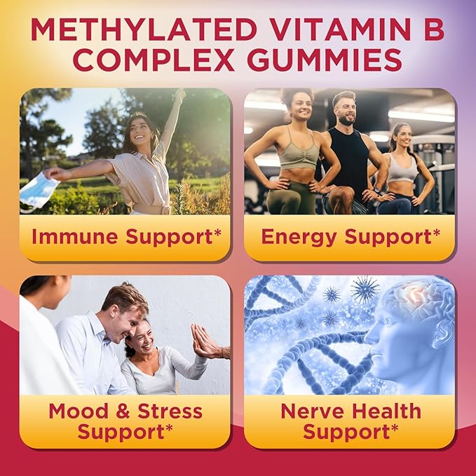 Methylated Vitamin B Complex Gummies for Women & Men with Vitamin B1, B2, B3, B5, B6, B7, B9, B12 & Magnesium, Omega-3, CoQ10, Supports Brain Health, Energy, Immune, Sugar Free, Fruit Flavor, 60ct