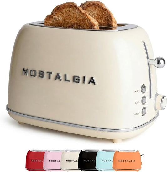 Nostalgia Classic Retro 2-Slice Toaster- Vintage Design- Enamel Coated Steel Body- Wide Slots for all Breads- Crumb Tray, Cord Storage- Defrost,Cancel and Bagel Function & 6 Toasting Levels- Cream
