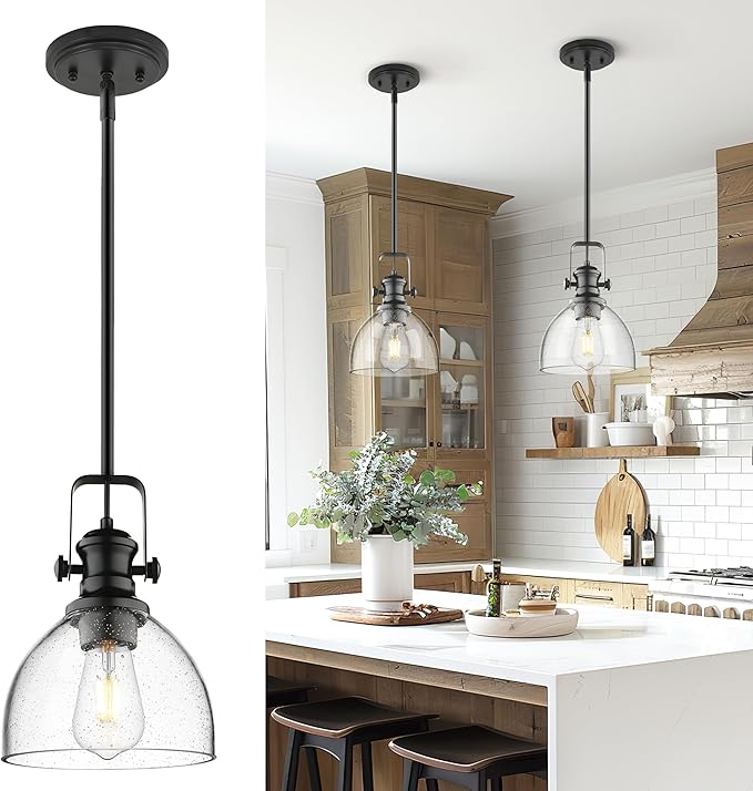 Black Pendant Lights Kitchen Island, 7.5" Farmhouse Pendant Lighting with Clear Seeded Glass Shade, Vintage Hanging Light Fixtures for Dining Room, AD-22151-1P-BK-G