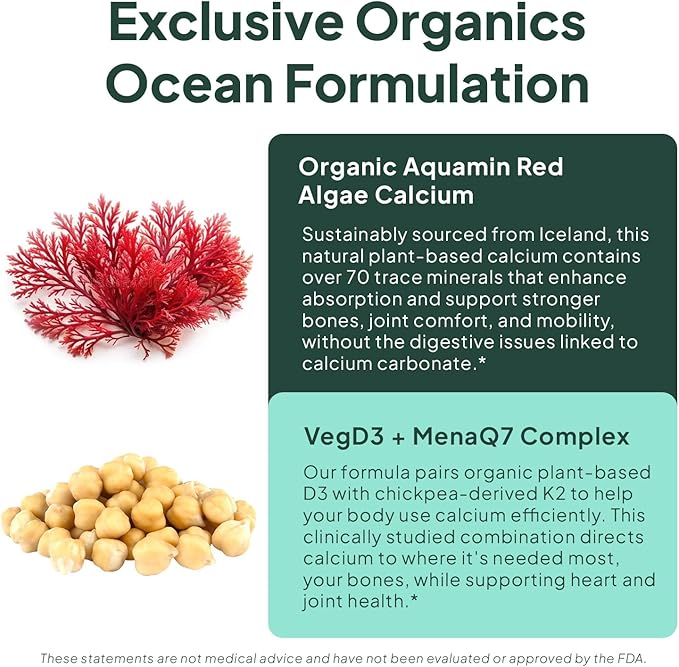 Organics Ocean Better Calcium - Organic Red Algae Calcium with Vitamin D3 and K2 Supplements - Supports Bone Structure, Joint Comfort & Encourages Healthy Aging - Plant-Based, Non-GMO - 3 Pack