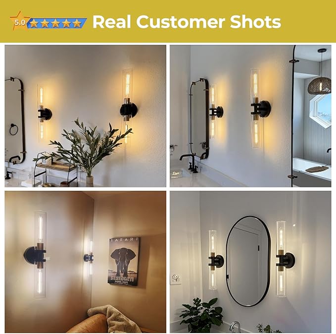 Indoi Black and Gold Wall Sconce, Hardwired Bathroom Sconces Wall Lighting with Clear Glass, Modern Sconces Wall Light fixtures for Bathroom Mirror Living Room Hallway Bedroom