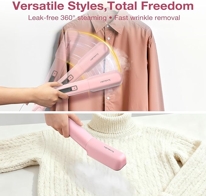 Newbealer 2in1 Travel Iron, 100-240V Clothes Steamer, 2 Steam Levels, Pink | Portable for On-the-Go, Heats in 20s, Dry Iron No Clamp, 180° Rotatable Head, 360° Leak-Proof, Auto-Off, Self-Cleaning, 90ml