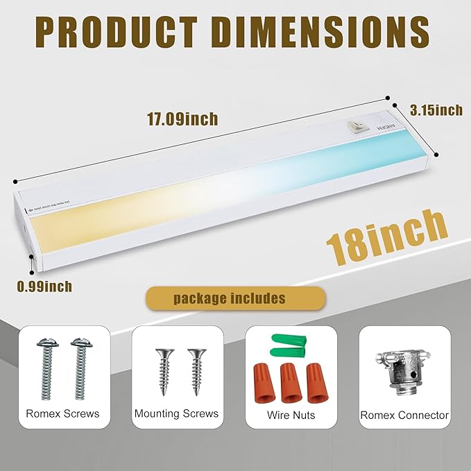 Ansen Hardwired Under Cabinet Lighting, 18inch 15W LED Light for Kitchen/Closet, 998.4lm, CRI>92, R9>90, Dimmable, 5 Color Temperature, 2700K-5000K(Warm White, Cool White, Daylight)