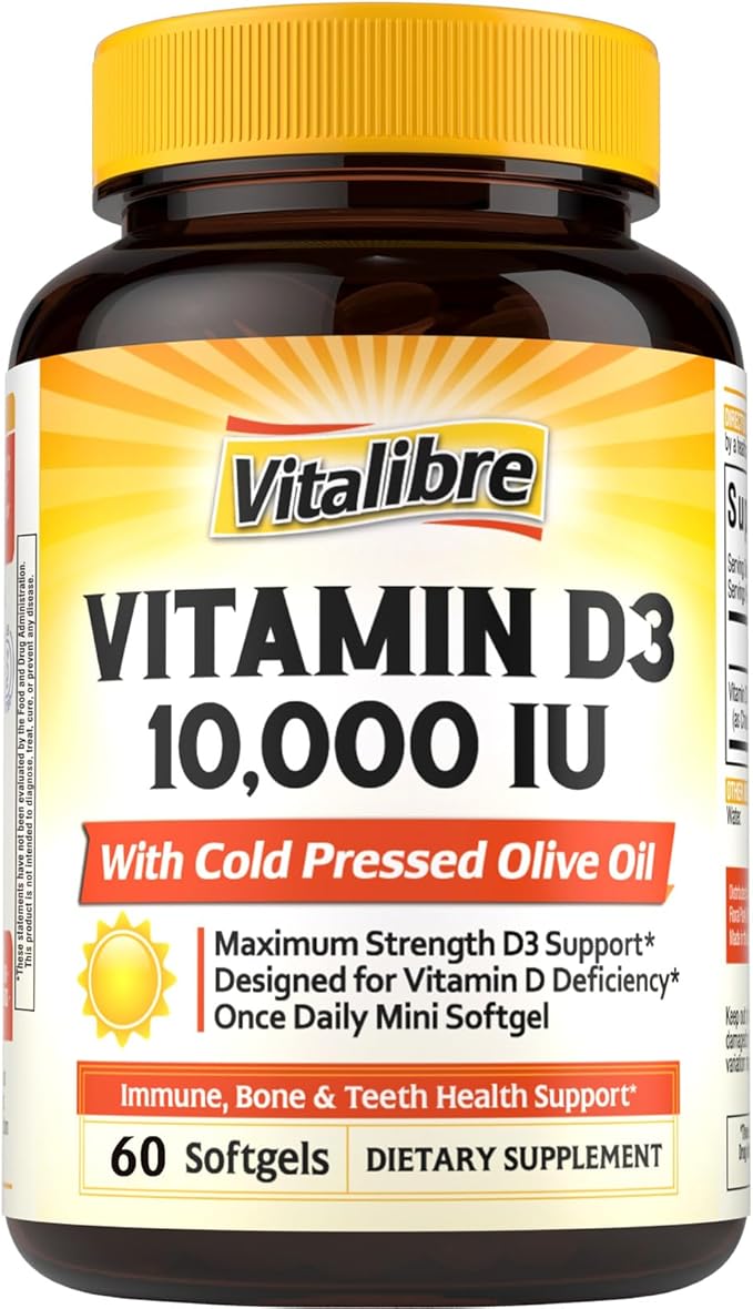Maximum Strength Vitamin D3 10,000 IU (250mcg), Highly Bioavailable, with Cold Pressed Olive Oil, Immune, Bone & Teeth Health Support, No Soy, Sunshine Vitamin, 60 Mini Softgels