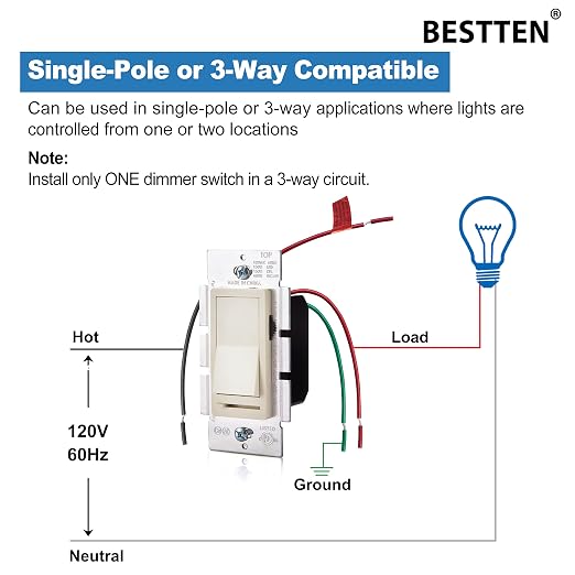 BESTTEN 6 Pack Dimmer Wall Light Switch, Compatible with Dimmable LED, CFL, Incandescent and Halogen Bulb, Single Pole or 3-Way Dimmer Switches, 120VAC, Decorator Wallplate Included, Almond