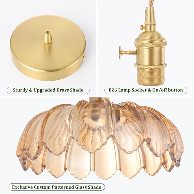 Shenmoyl Pendant Light with Amber Scindapsus Glass Lmapshade, Brass Vintage Pendant Light Adjustable Hanging Light for Kitchen Island Dining Room Hallway