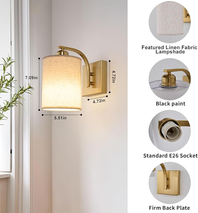 Powfloven Gold Rechargeable Wall Sconces Set of 2 with Remote, Wireless Battery Operated Dimmable LED Wall Lights, Cordless Wall Lighting Lamp Fixture for Bedroom Living Room